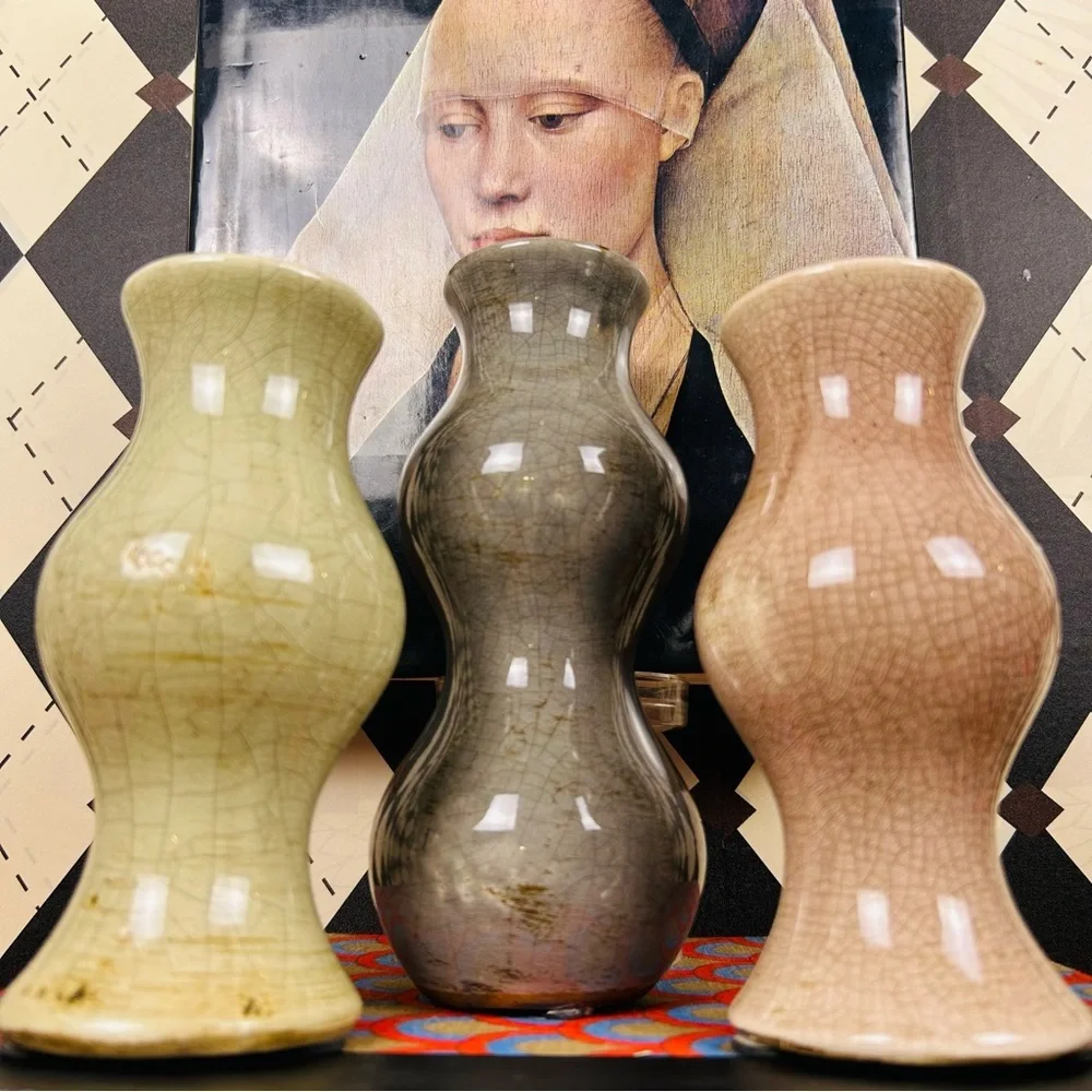 Studio Pottery Trio Bud Vases Crackle Glaze Sculptural| Vintage Luxury Set of 3 - Picture 3 of 16